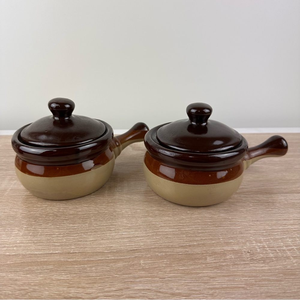 VTG Brown French Onion, Chilli, Bean Soup Pots w/ Lids Set of 2